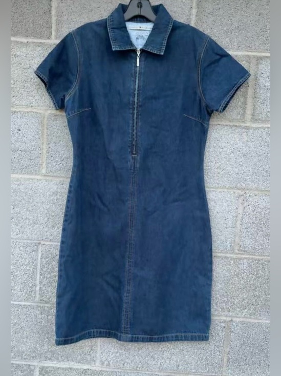 Tommy Hilfiger Dresses & Skirts - Vtg Y2K Tommy Hilfiger 1/4 Zip Dress Size 10 Denim A-Line Short Sleeve Dark Wash
